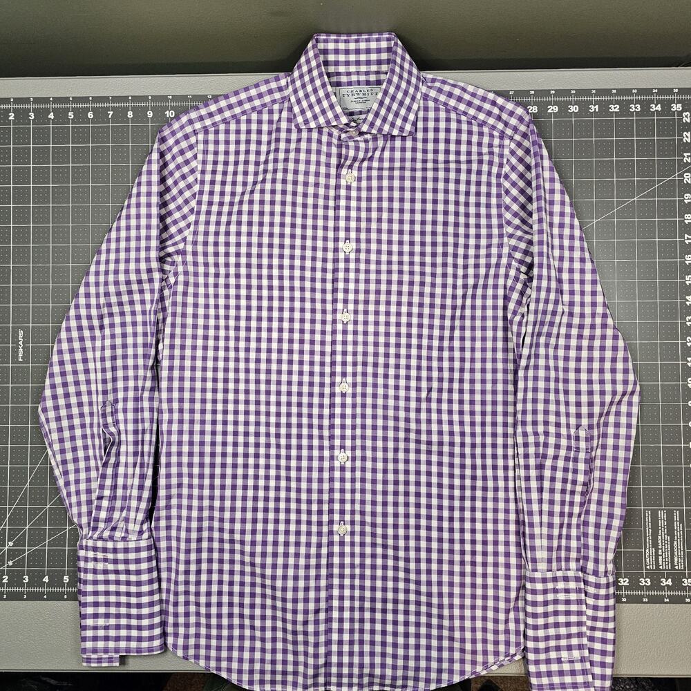 Charles Tyrwhitt Dress Shirt 15/33 Purple Gingham Check Plaid French Cuff Work